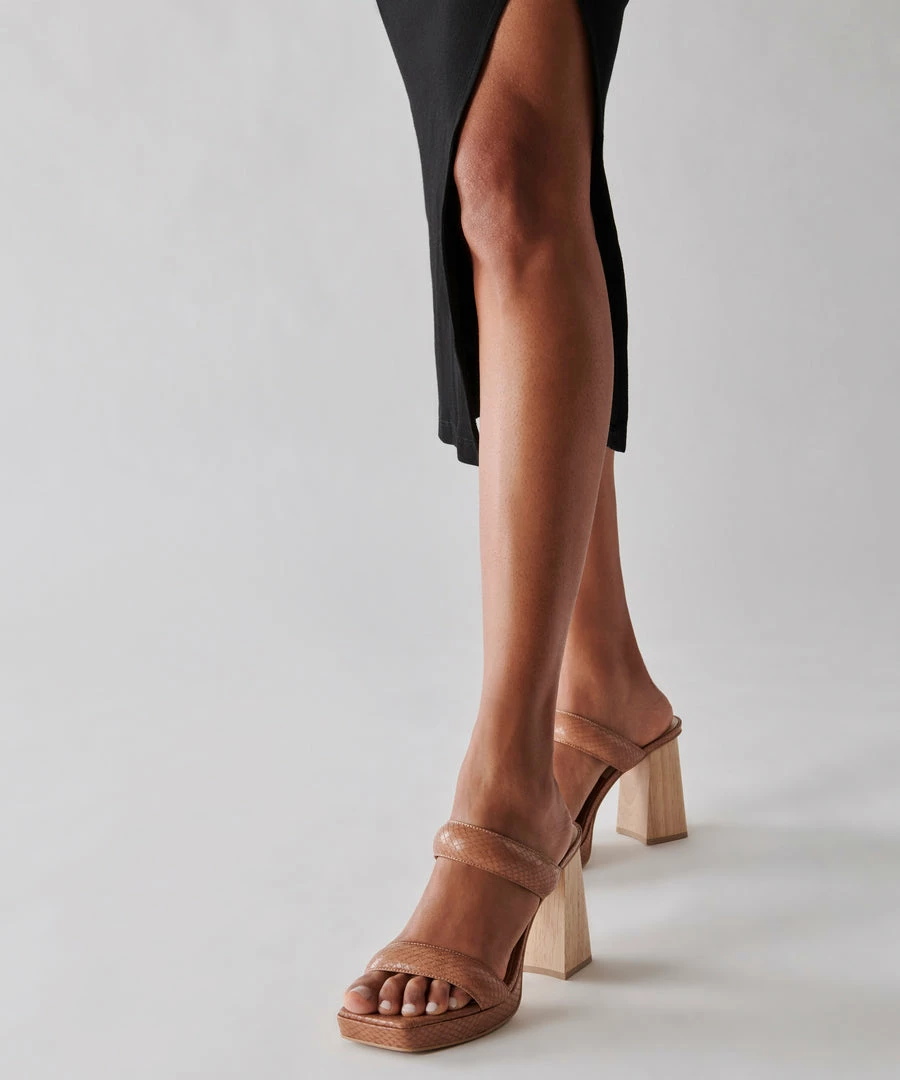 DOLCEVITA SANDALS ATLAS HEELS LUGGAGE EMBOSSED STELLA