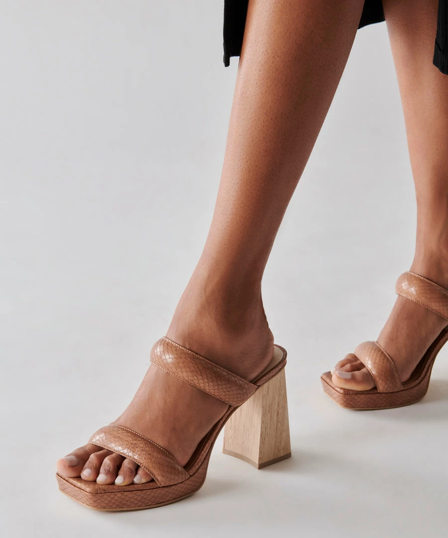 DOLCEVITA SANDALS ATLAS HEELS LUGGAGE EMBOSSED STELLA