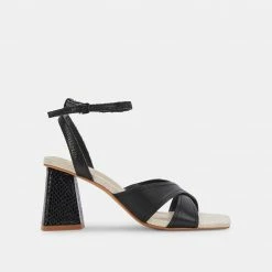 DOLCEVITA TIKI HEELS BLACK EMBOSSED LEATHER SANDALS