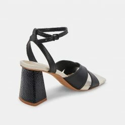 DOLCEVITA TIKI HEELS BLACK EMBOSSED LEATHER SANDALS